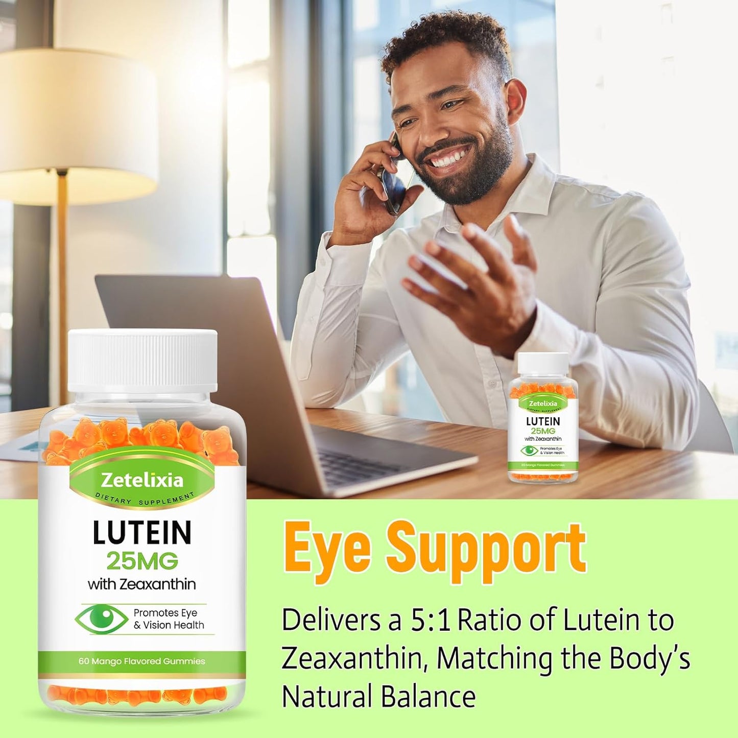 Lutein and Zeaxanthin Gummies for Adults - 25mg Eye Vitamins Supplement for Vision, Macular Health - Sugar Free Blue Light Filtering Gummy (60 Count)