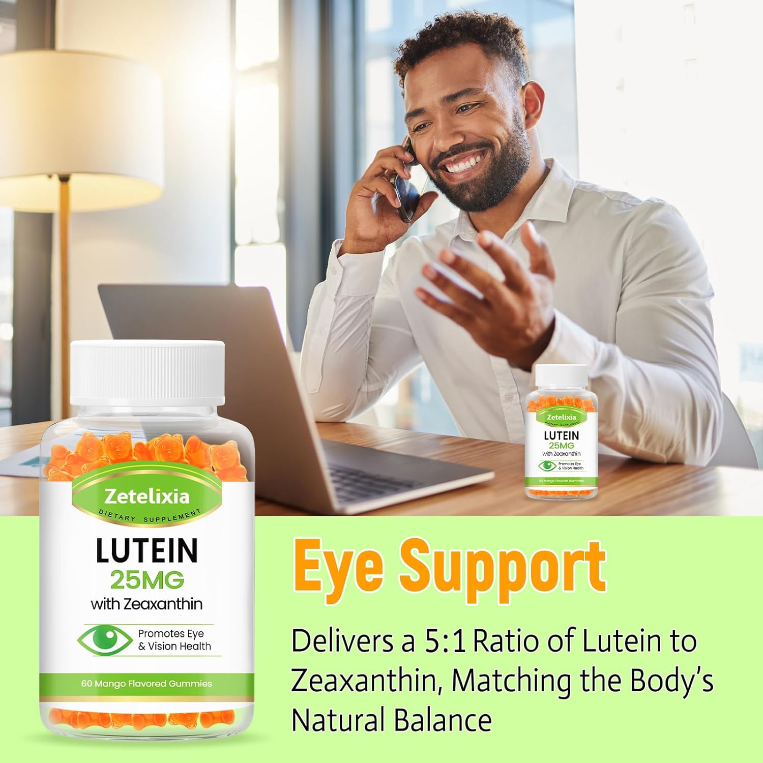 Lutein and Zeaxanthin Gummies for Adults - 25mg Eye Vitamins Supplement for Vision, Macular Health - Sugar Free Blue Light Filtering Gummy (60 Count)
