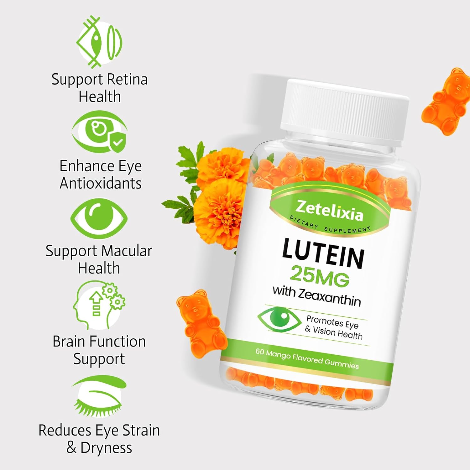 Lutein and Zeaxanthin Gummies for Adults - 25mg Eye Vitamins Supplement for Vision, Macular Health - Sugar Free Blue Light Filtering Gummy (60 Count)