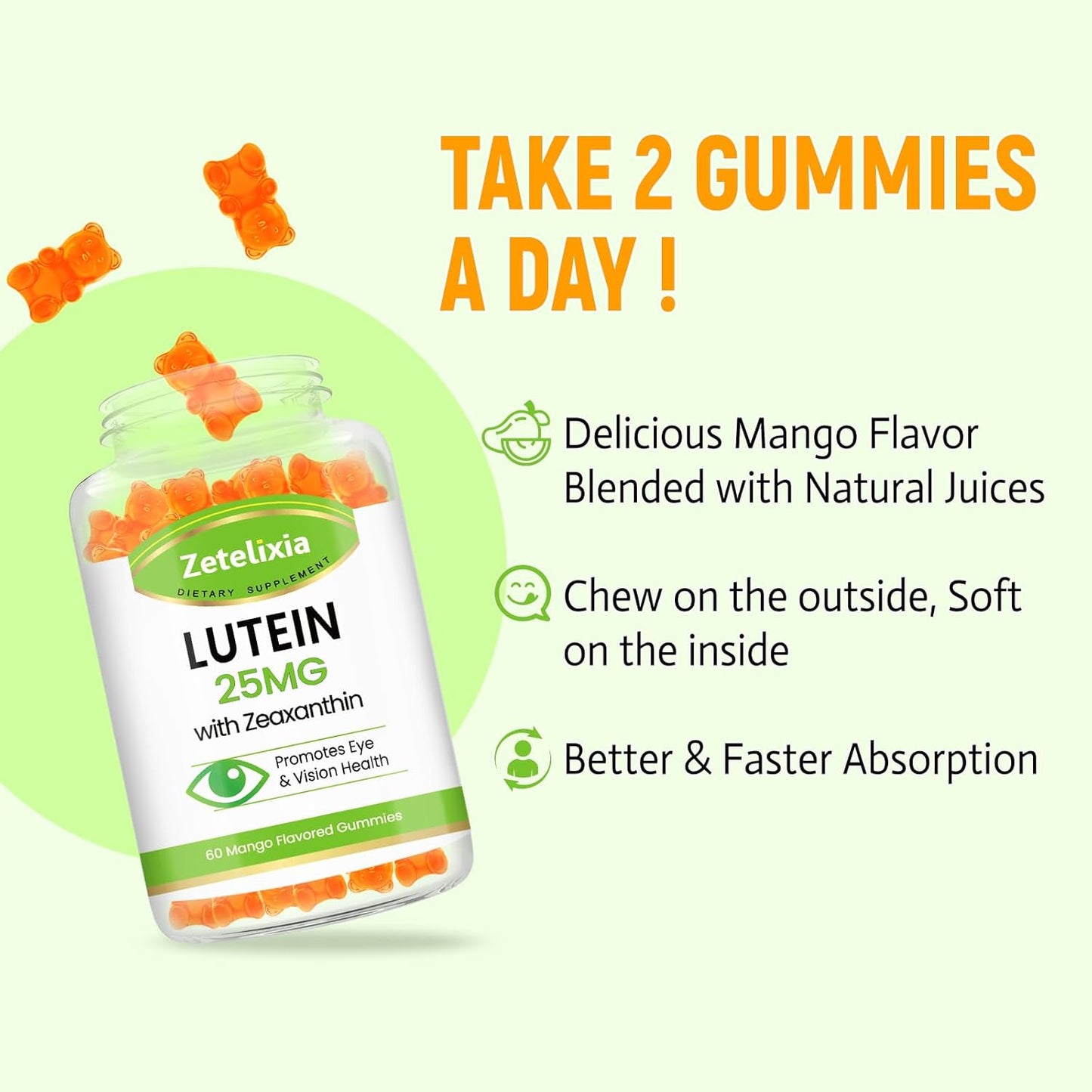 Lutein and Zeaxanthin Gummies for Adults - 25mg Eye Vitamins Supplement for Vision, Macular Health - Sugar Free Blue Light Filtering Gummy (60 Count)