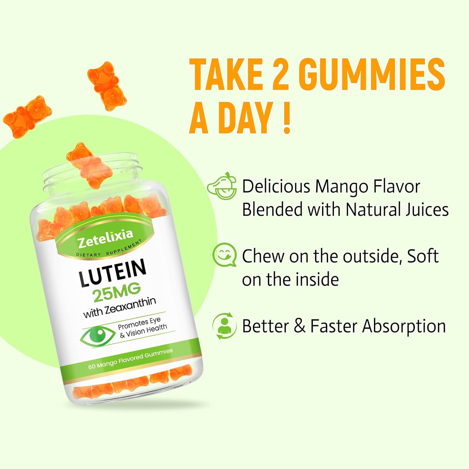 Lutein and Zeaxanthin Gummies for Adults - 25mg Eye Vitamins Supplement for Vision, Macular Health - Sugar Free Blue Light Filtering Gummy (60 Count)