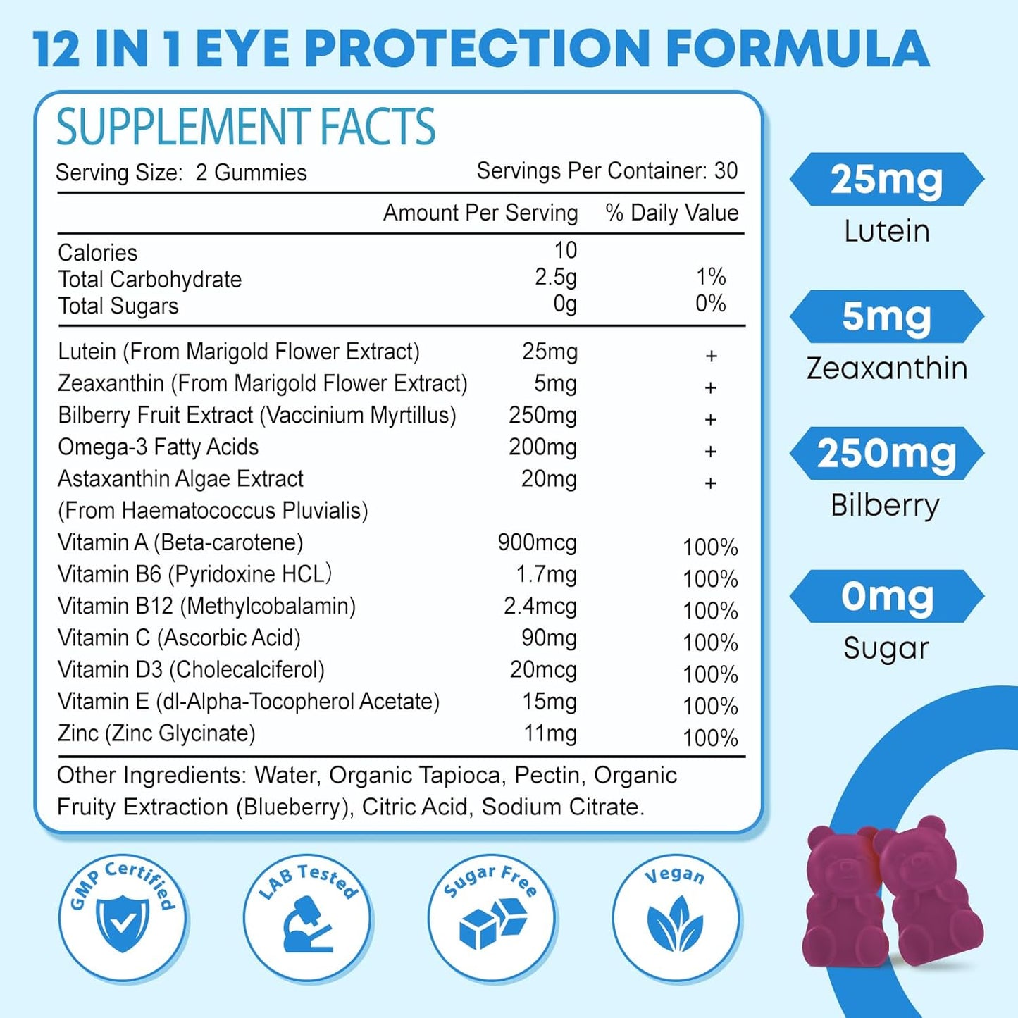 Lutein and Zeaxanthin Gummies for Eye Health - 12 in 1 Eye Vitamin Supplement - 60 Gummies for Adults
