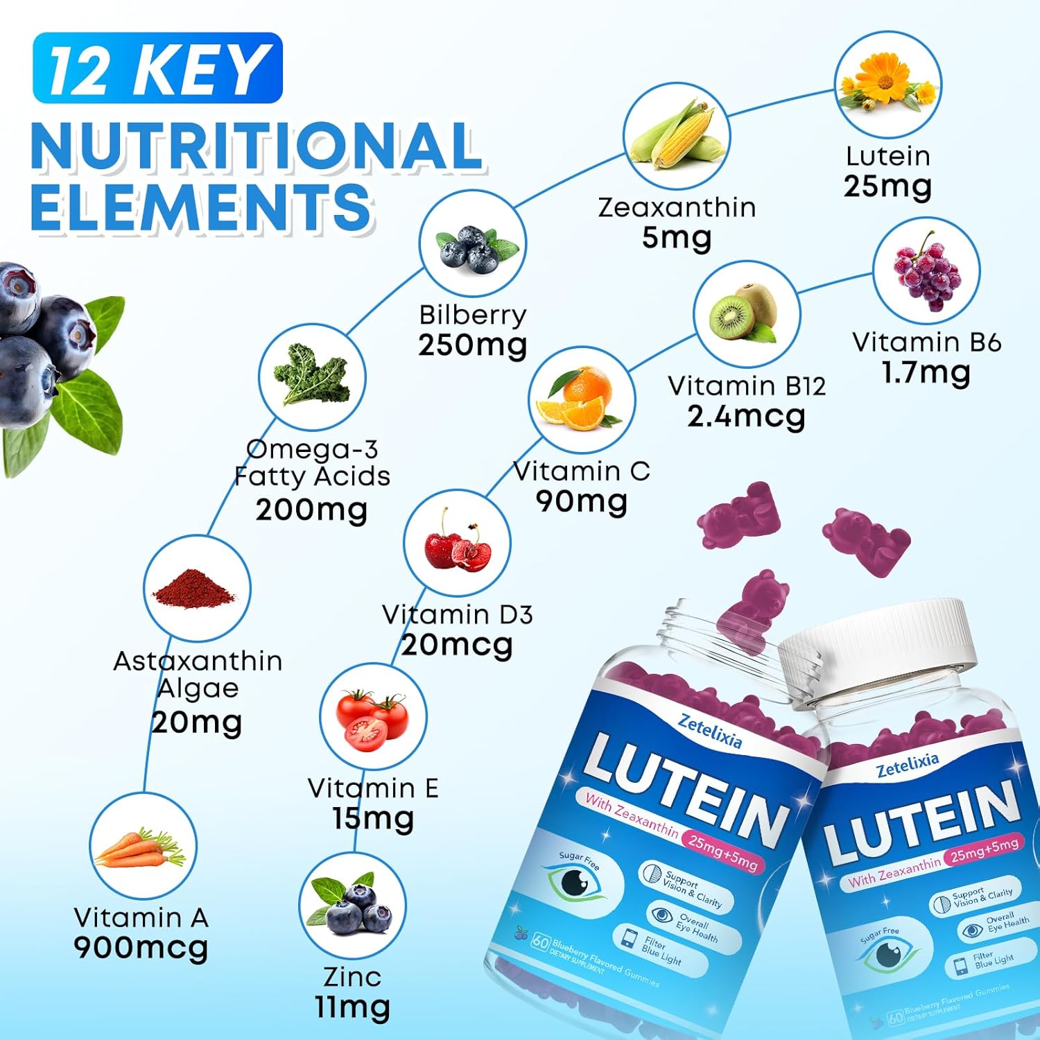 Lutein and Zeaxanthin Gummies for Eye Health - 12 in 1 Eye Vitamin Supplement - 60 Gummies for Adults