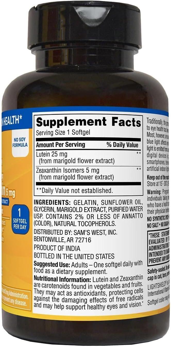 Lutein and Zeaxanthin Supplement - 25mg Lutein, 5mg Zeaxanthin (150 Count) by Member's Mark