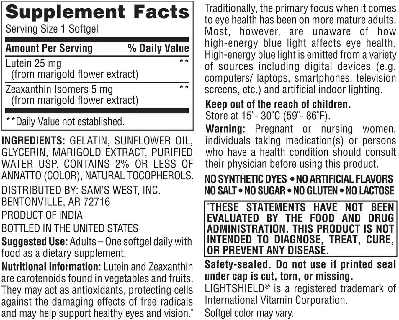 Lutein and Zeaxanthin Supplement - 25mg Lutein, 5mg Zeaxanthin (150 Count) by Member's Mark