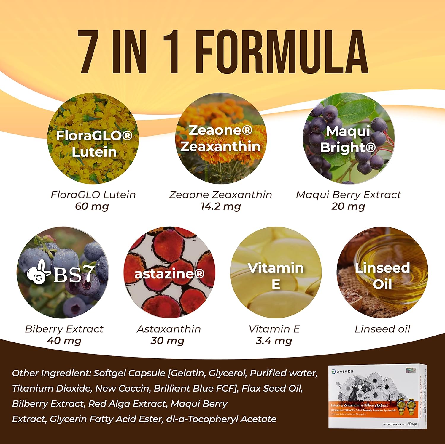 Lutein and Zeaxanthin Supplement with Astaxanthin, Maqui Berry, Bilberry, Flaxseed Oil, Vitamin E - 30 Softgels - Dry Eye Support