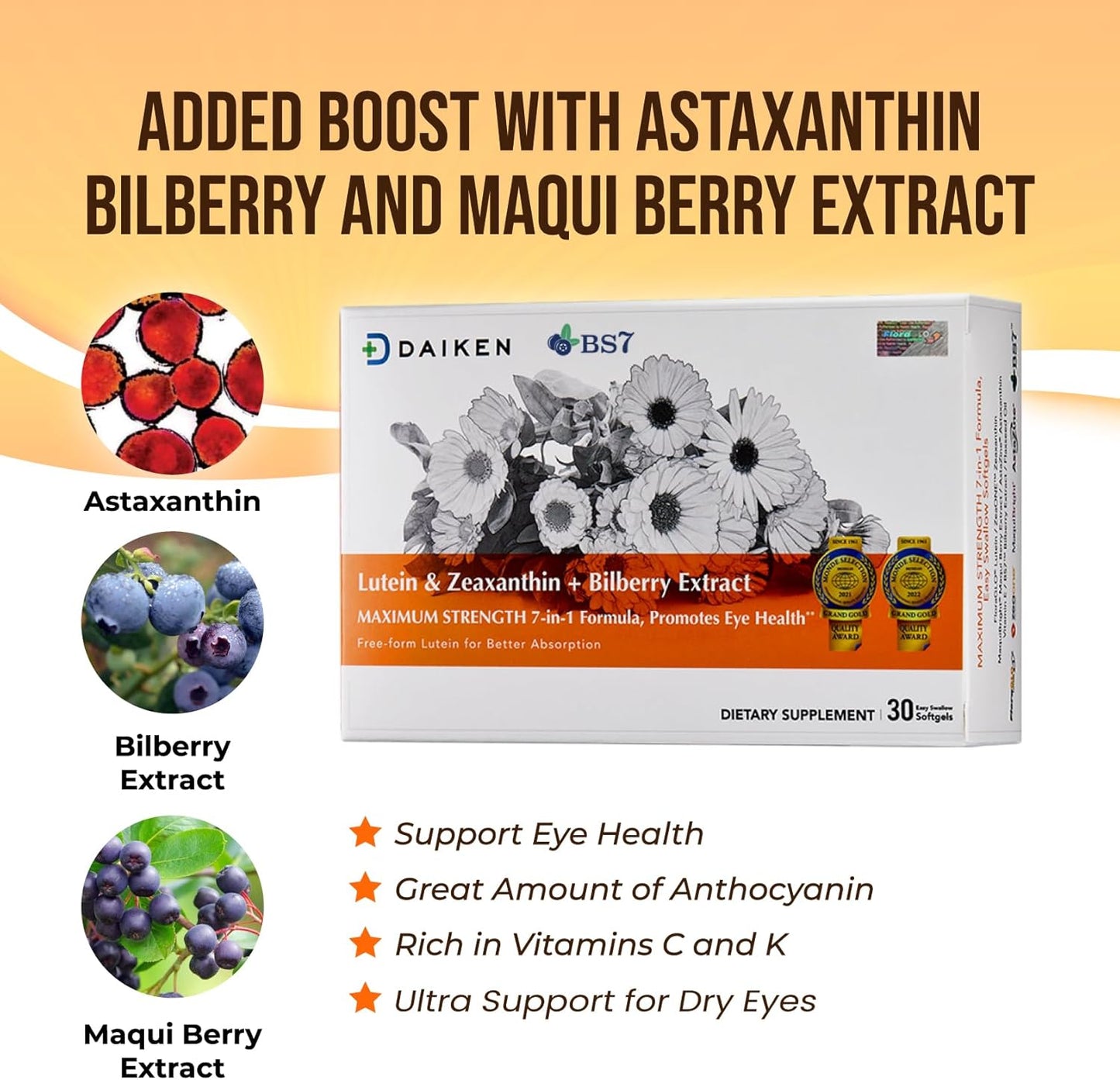 Lutein and Zeaxanthin Supplement with Astaxanthin, Maqui Berry, Bilberry, Flaxseed Oil, Vitamin E - 30 Softgels - Dry Eye Support