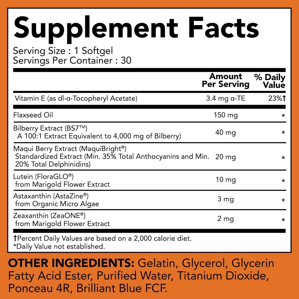 Lutein and Zeaxanthin Supplement with Astaxanthin, Maqui Berry, Bilberry, Flaxseed Oil, Vitamin E - 30 Softgels - Dry Eye Support