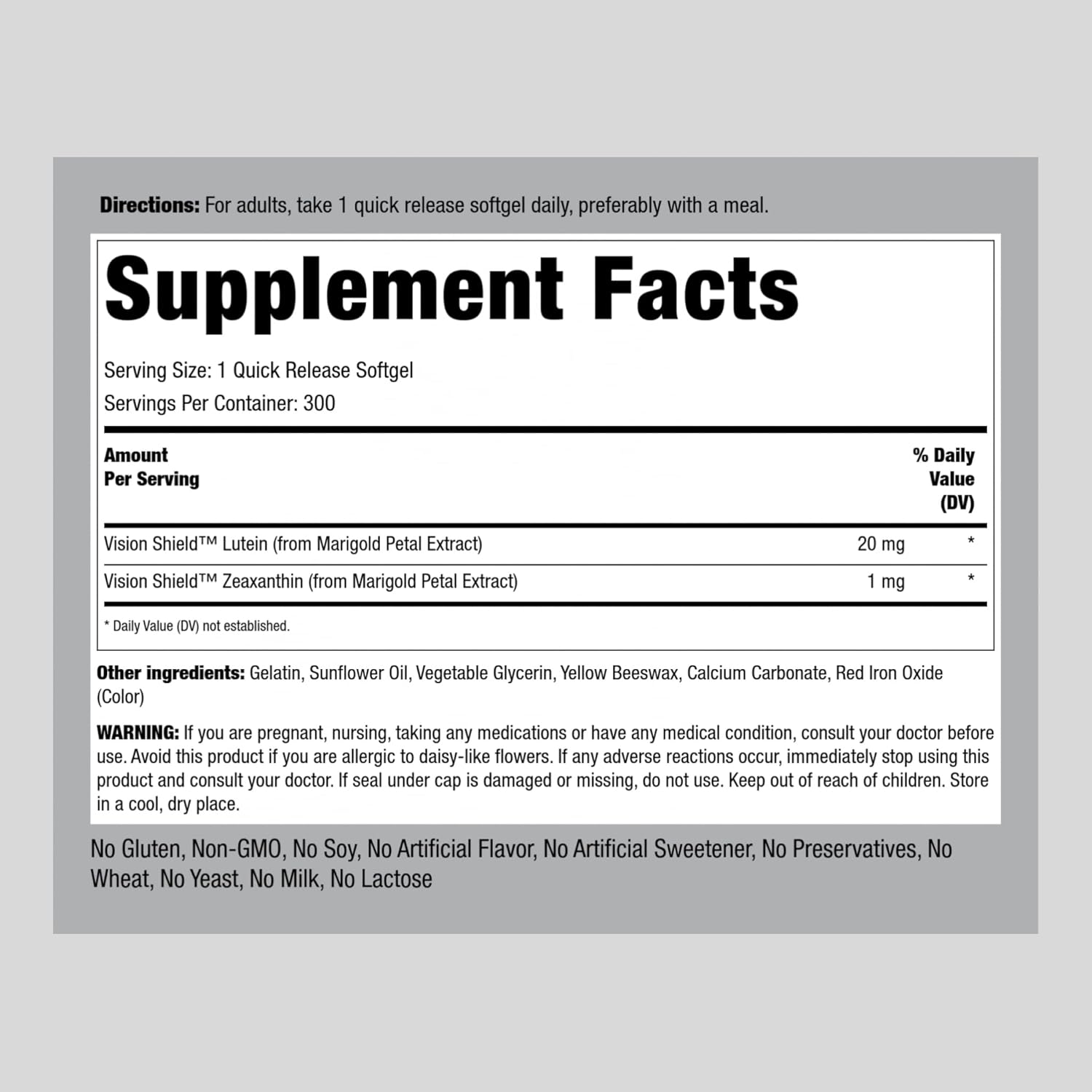 Lutein and Zeaxanthin Supplements 20mg - 300 Softgels for Eye Health - Gluten Free, Non-GMO - Piping Rock