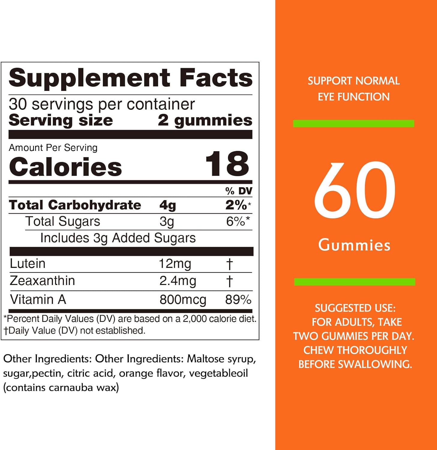 Lutein Gummies 12mg with Zeaxanthin & Vitamin A for Eye Health and Brain Function - Orange Flavor, 60Ct for Kids and Adults