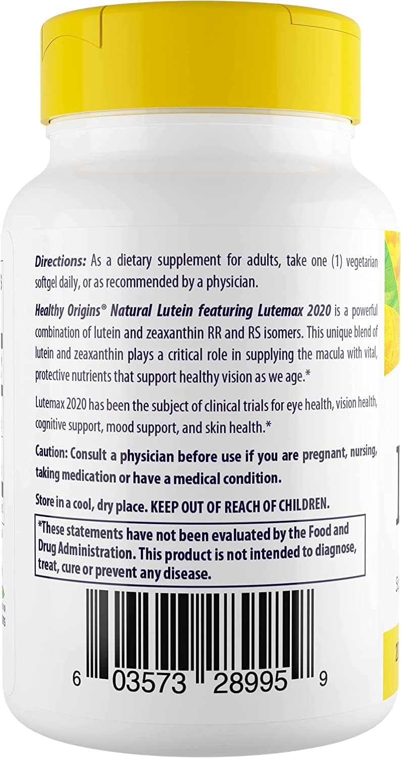 Lutein (Lutemax 2020) 20mg Supplement for Vision & Eye Health - Zeaxanthin, Vegan, Non-GMO, Gluten-Free - 60 Veggie Gels