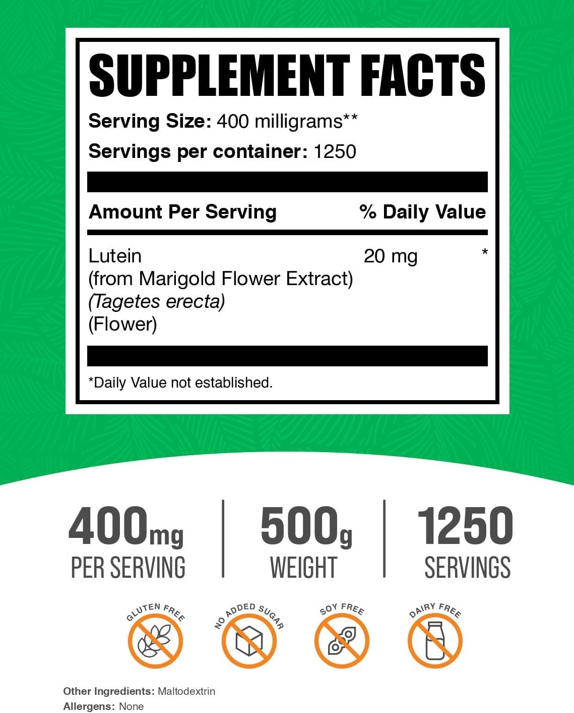 Lutein Powder Supplement - Marigold Flower Extract, 20mg Lutein per Serving, Antioxidant, Gluten Free, 500g (1.1 lbs)