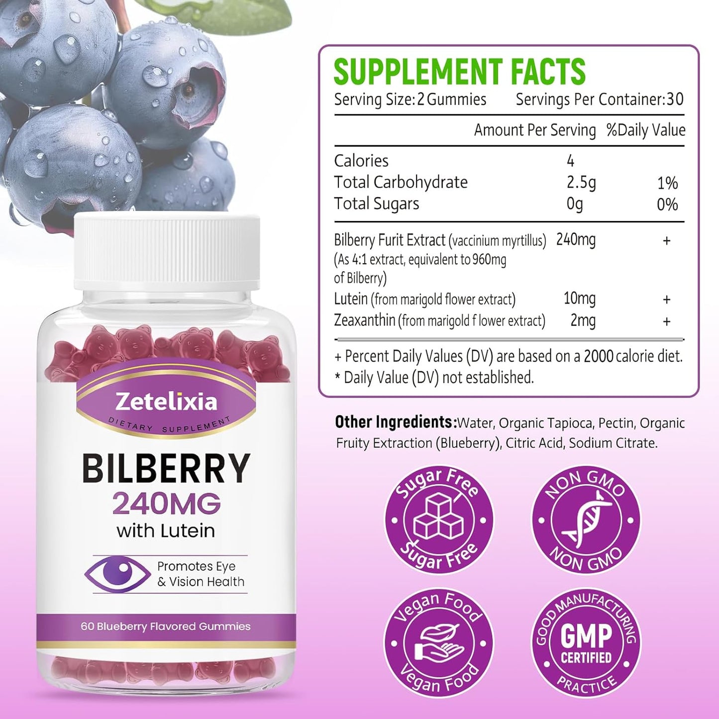 Lutein & Zeaxanthin Gummies for Adults - Eye Health Supplement with Bilberry - 2 Pack (120 Gummies)