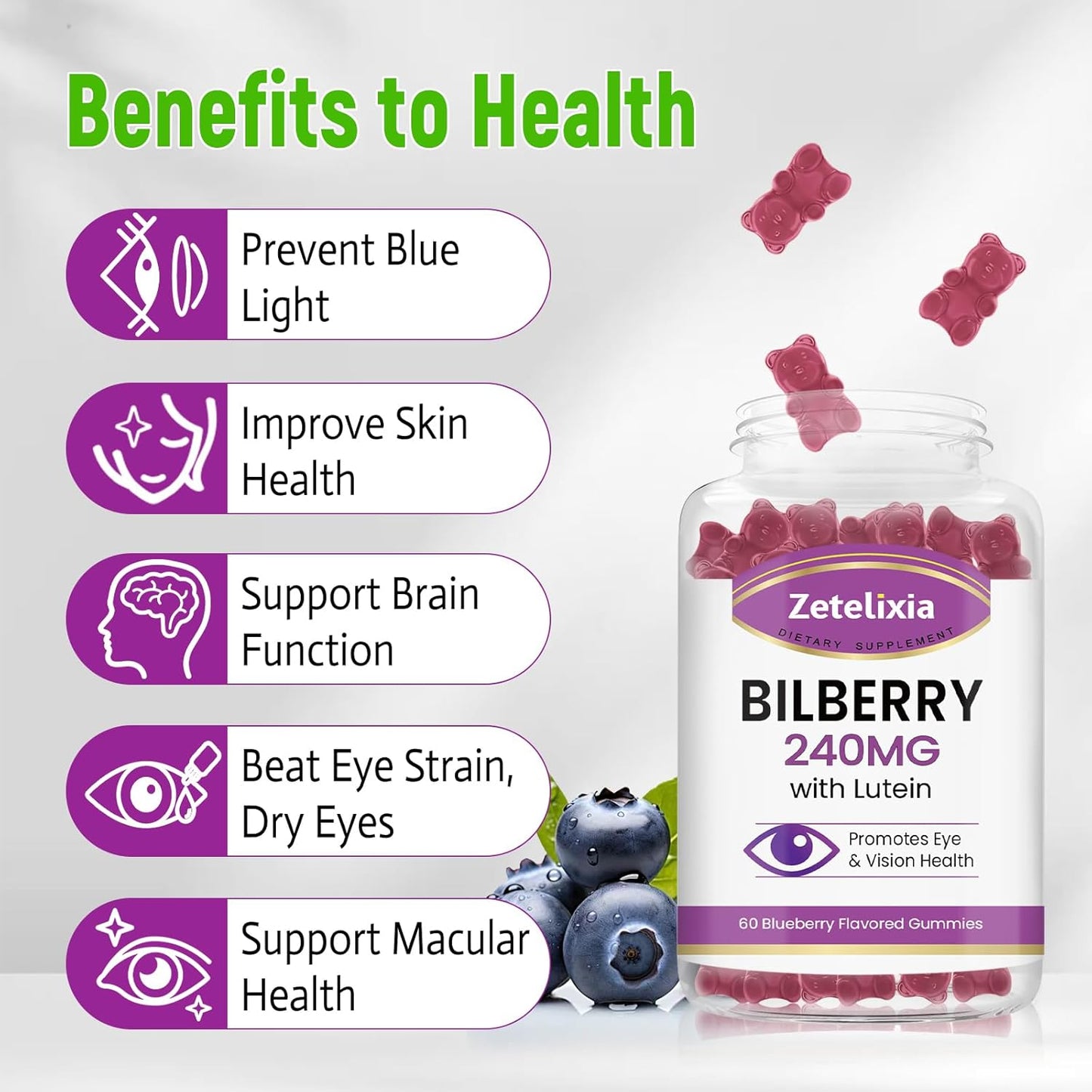 Lutein & Zeaxanthin Gummies for Adults - Eye Health Supplement with Bilberry - 2 Pack (120 Gummies)