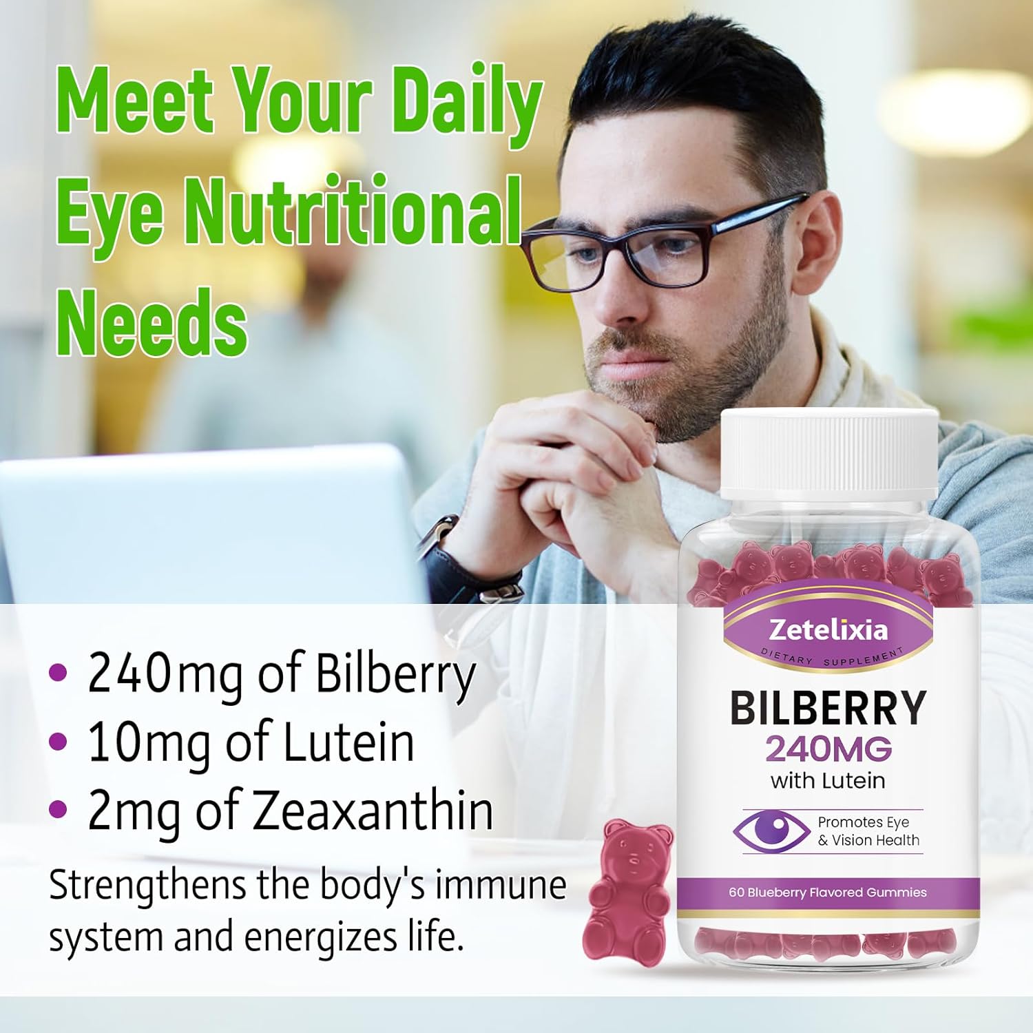 Lutein & Zeaxanthin Gummies for Adults - Eye Health Supplement with Bilberry - 2 Pack (120 Gummies)