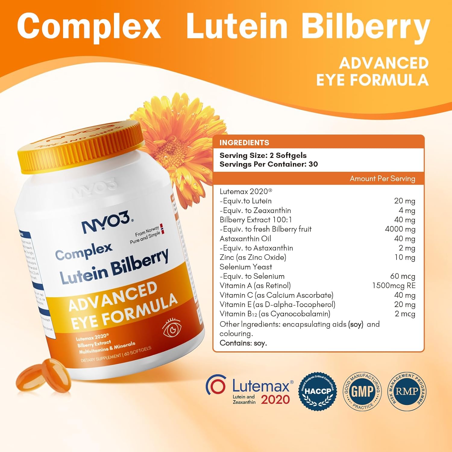 Lutemax 2020 Eye Health Supplement with Lutein, Zeaxanthin, Bilberry, and Vitamins A, C, E - 60 Softgels