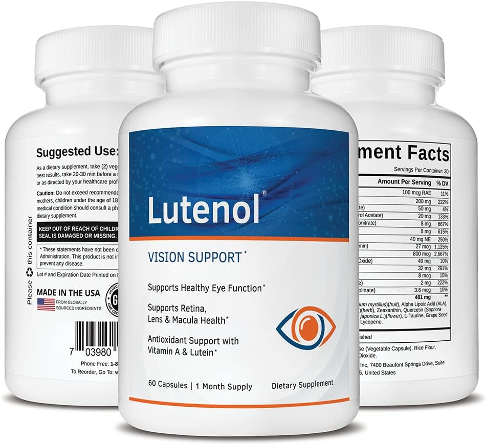Lutenol Vision Support Supplement with Lutein, Zeaxanthin, Vitamin A & Zinc for Retina, Lens & Macula. 60 Capsules