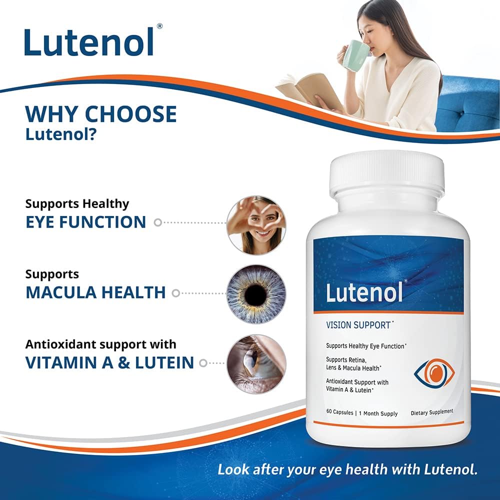 Lutenol Vision Support Supplement with Lutein, Zeaxanthin, Vitamin A & Zinc for Retina, Lens & Macula. 60 Capsules