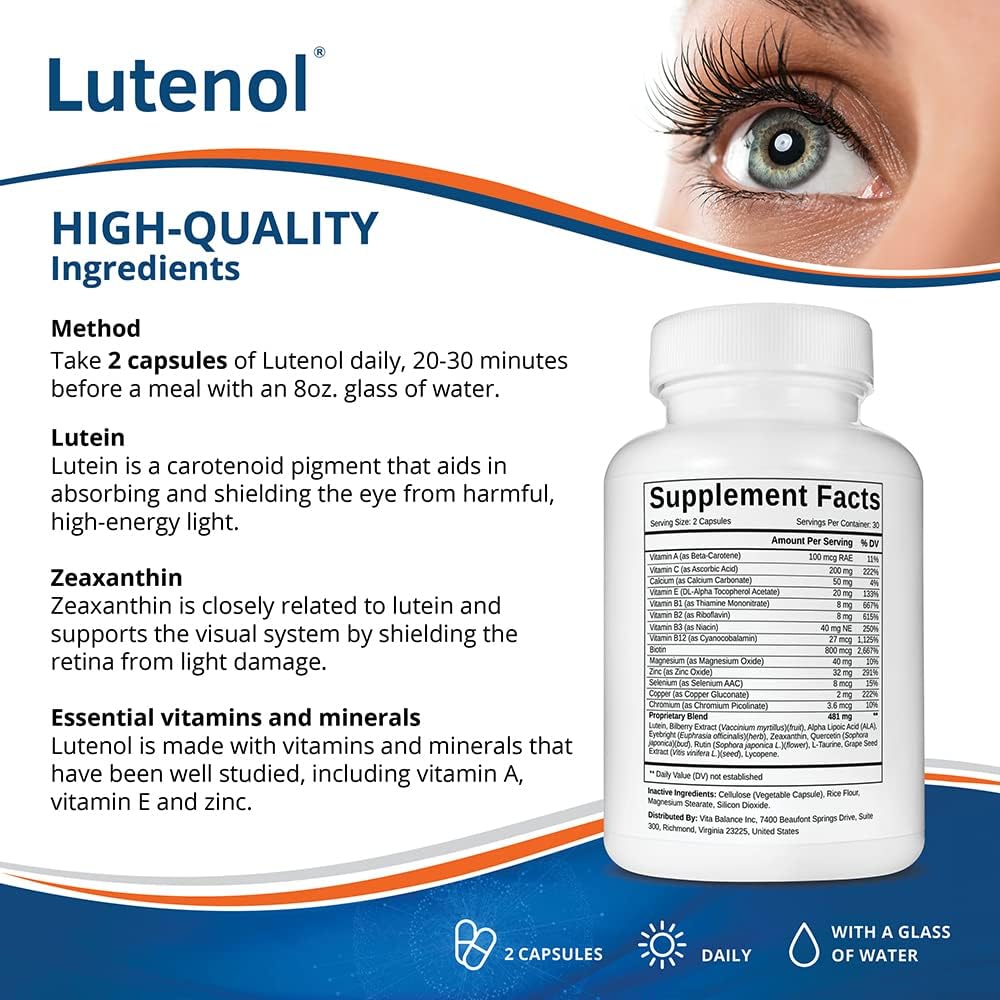 Lutenol Vision Support Supplement with Lutein, Zeaxanthin, Vitamin A & Zinc for Retina, Lens & Macula. 60 Capsules