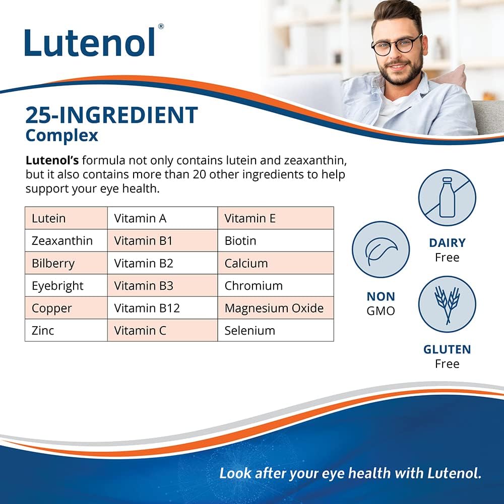 Lutenol Vision Support Supplement with Lutein, Zeaxanthin, Vitamin A & Zinc for Retina, Lens & Macula. 60 Capsules