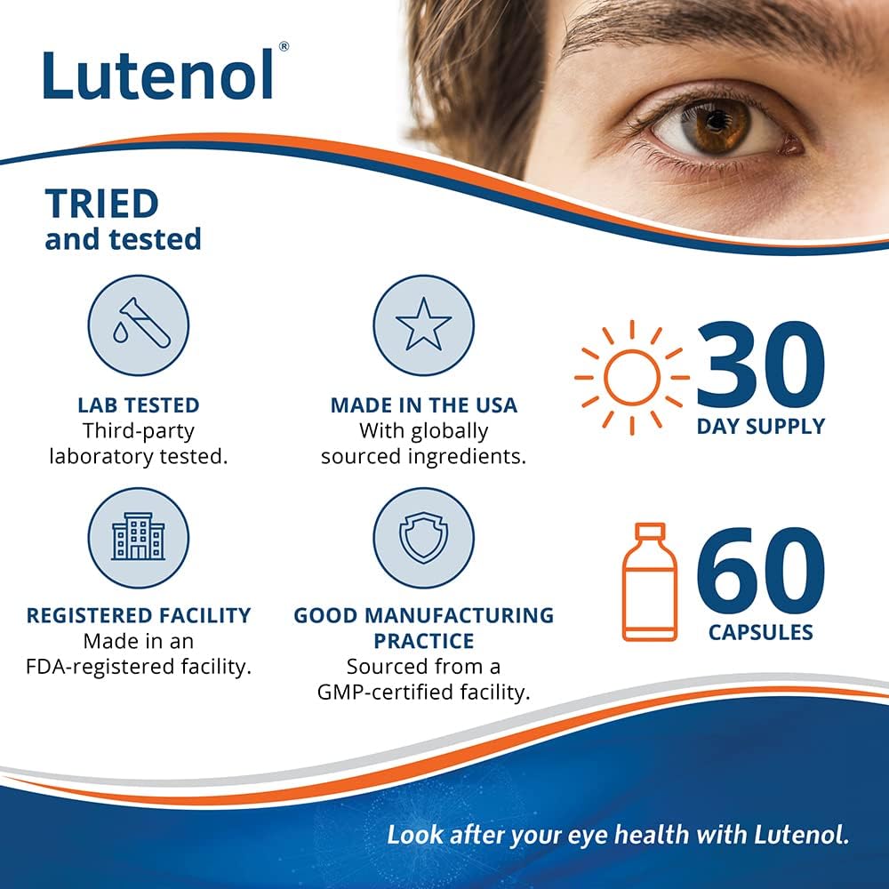 Lutenol Vision Support Supplement with Lutein, Zeaxanthin, Vitamin A & Zinc for Retina, Lens & Macula. 60 Capsules