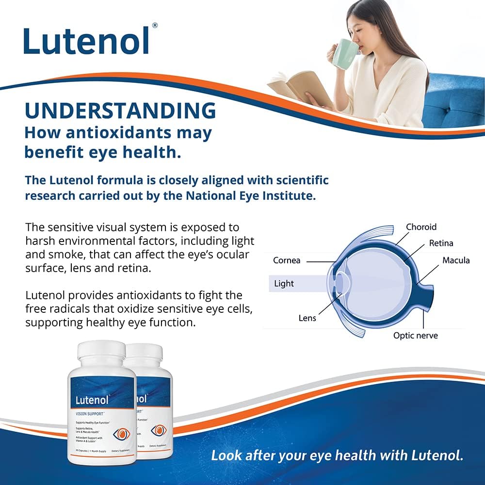Lutenol Vision Support Supplement with Lutein, Zeaxanthin, Vitamin A & Zinc for Retina, Lens & Macula. 60 Capsules