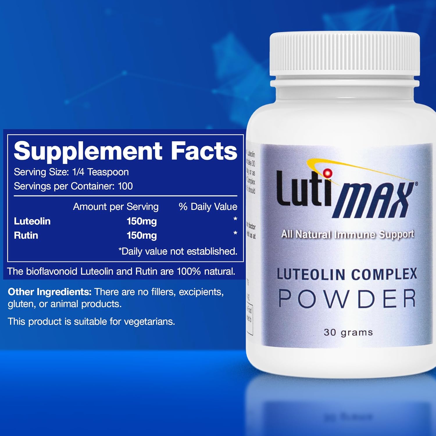 Lutimax Luteolin Complex Powder - Nootropic Brain Supplement for Memory, Focus, and Immune Support - Antioxidant Booster - 100 Servings