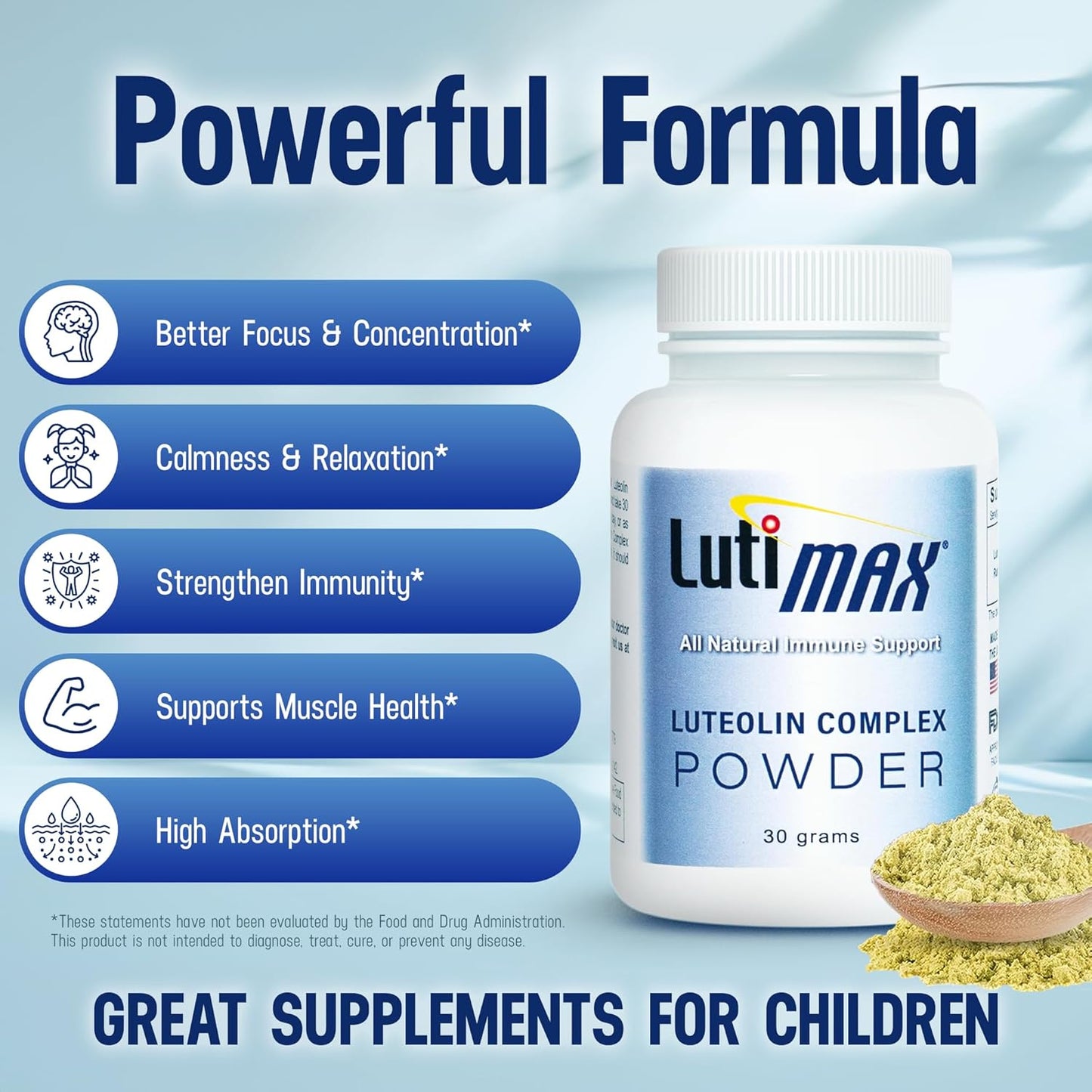 Lutimax Luteolin Complex Powder - Nootropic Brain Supplement for Memory, Focus, and Immune Support - Antioxidant Booster - 100 Servings