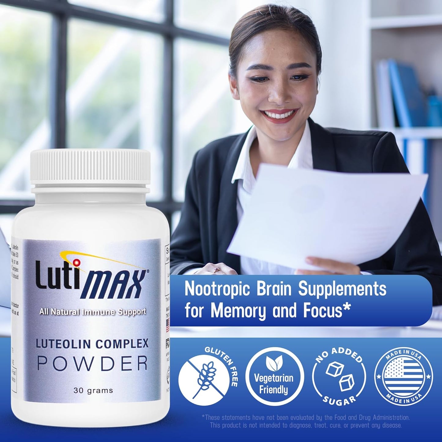 Lutimax Luteolin Complex Powder - Nootropic Brain Supplement for Memory, Focus, and Immune Support - Antioxidant Booster - 100 Servings