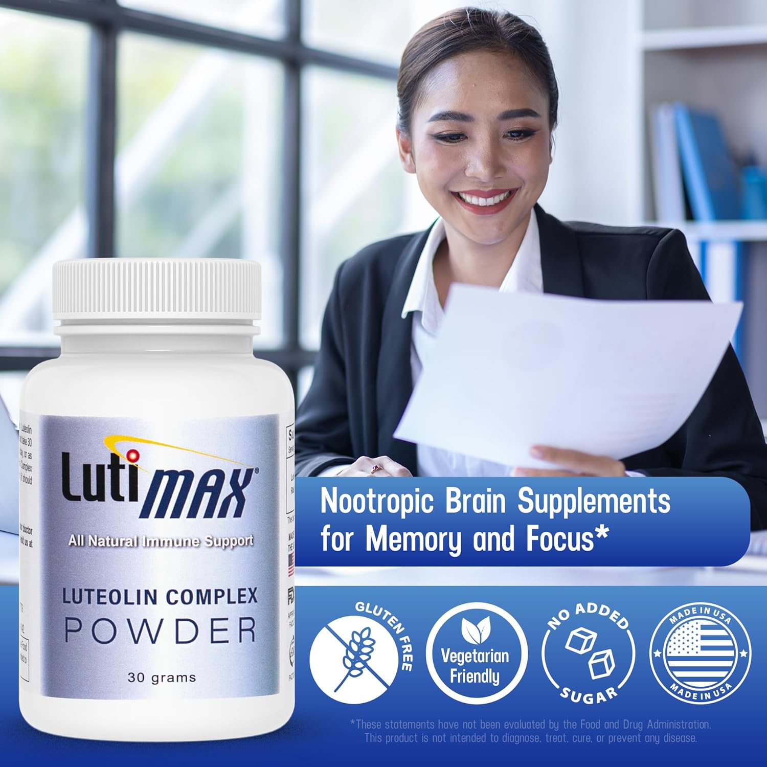Lutimax Luteolin Complex Powder - Nootropic Brain Supplement for Memory, Focus, and Immune Support - Antioxidant Booster - 100 Servings