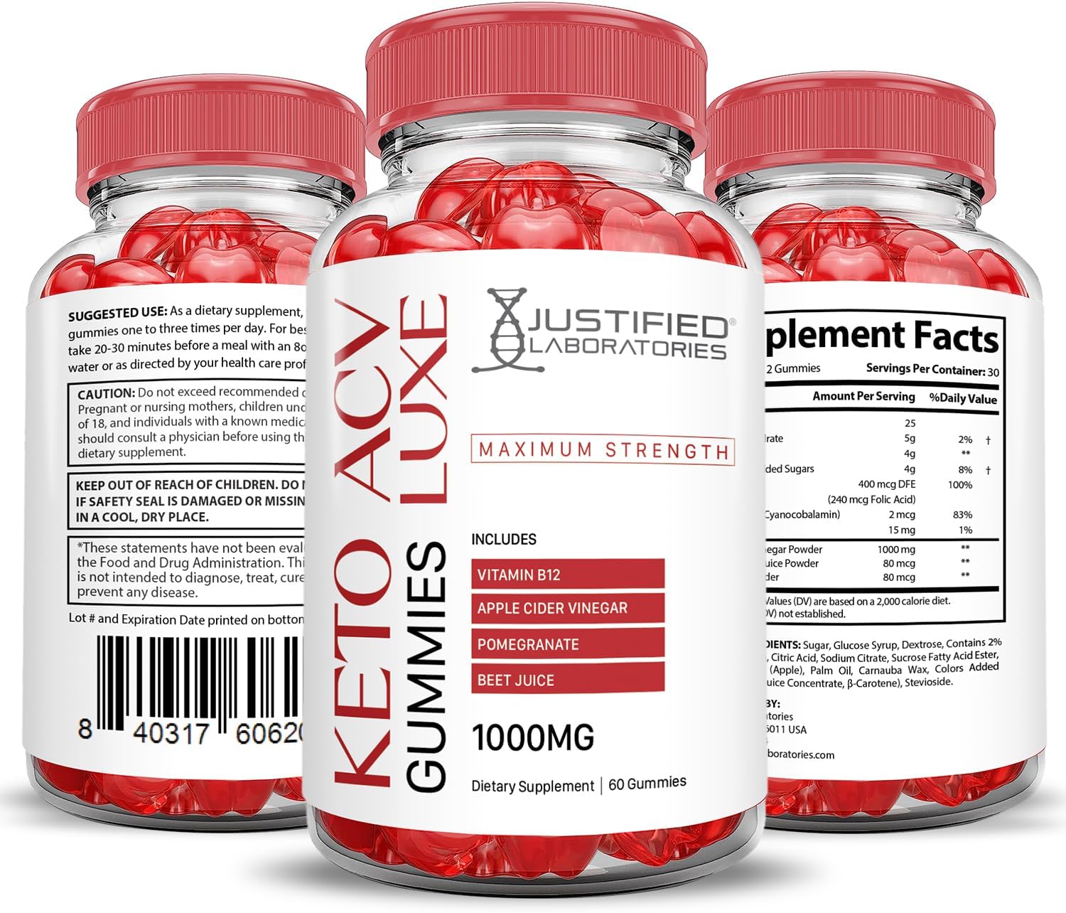 Luxe Keto ACV Gummies 5-Pack | 1000MG Advanced Formula with Pomegranate Beet Juice | Vegan Non GMO 300 Gummies | Justified Laboratories