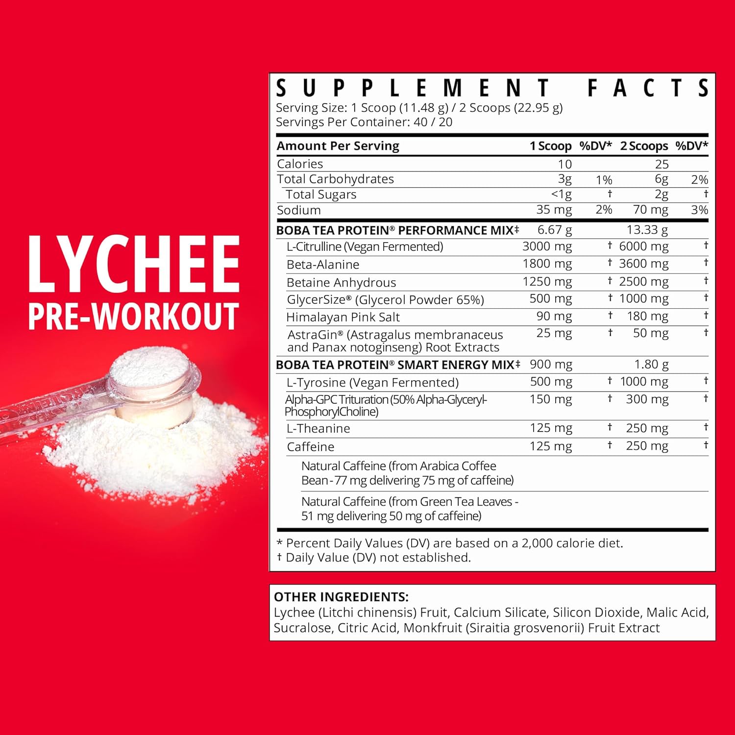 Lychee Flavored Boba Tea Protein Pre-Workout Powder with Caffeine - Premium Ingredients for Men and Women - 20-40 Servings