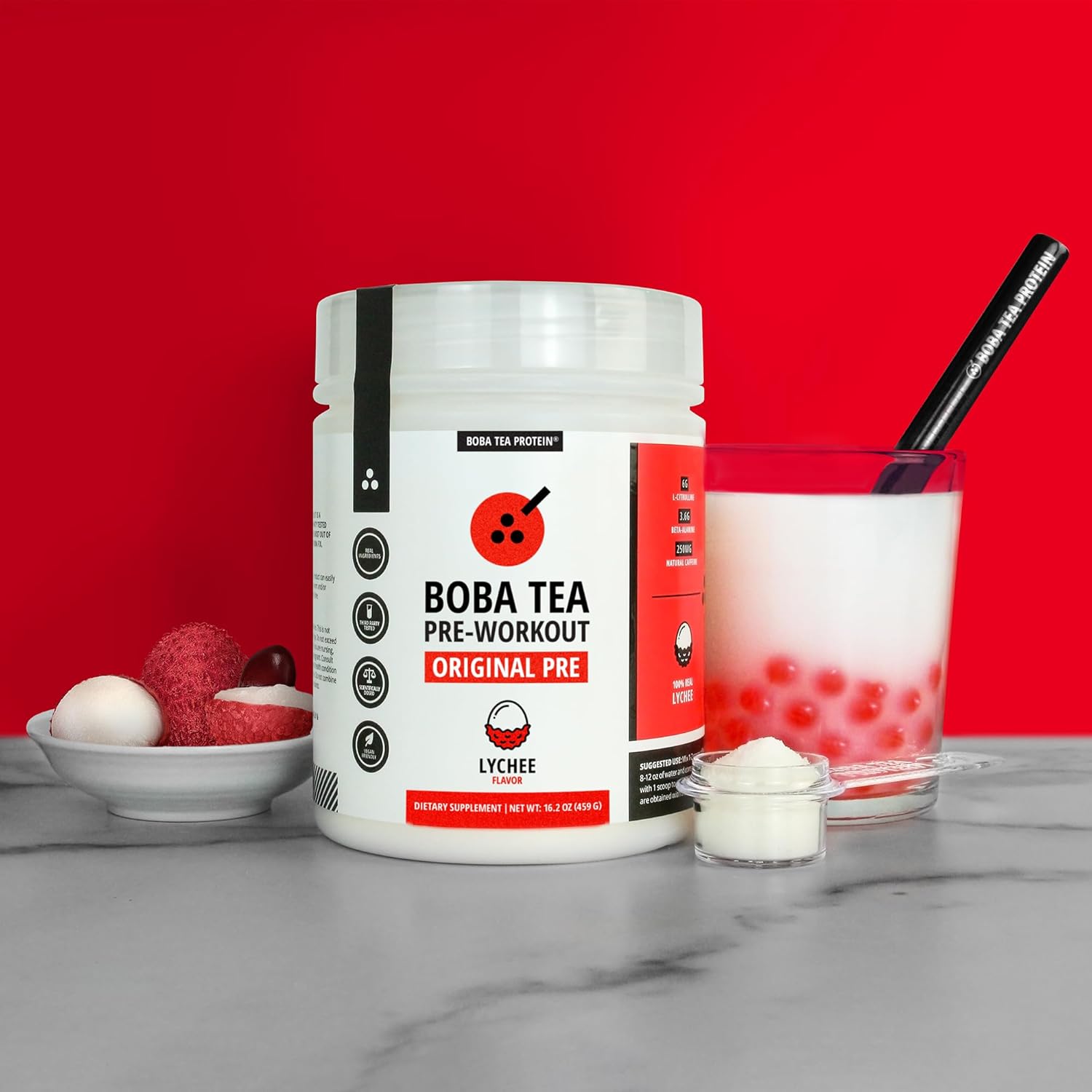 Lychee Flavored Boba Tea Protein Pre-Workout Powder with Caffeine - Premium Ingredients for Men and Women - 20-40 Servings