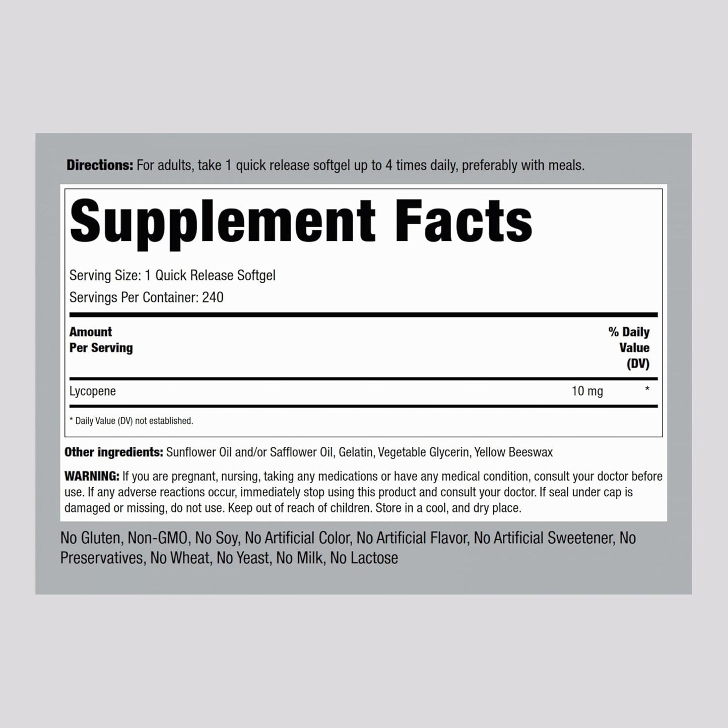Lycopene 10mg Supplement | 240 Softgels | Non-GMO, Gluten Free | Piping Rock