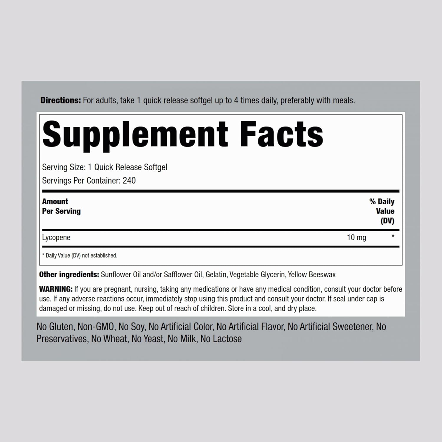 Lycopene 10mg Supplement | 240 Softgels | Non-GMO, Gluten Free | Piping Rock