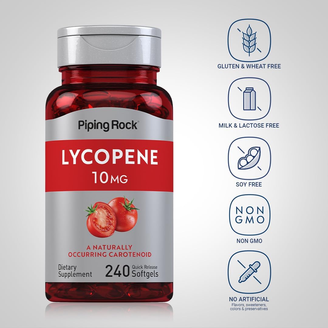 Lycopene 10mg Supplement | 240 Softgels | Non-GMO, Gluten Free | Piping Rock
