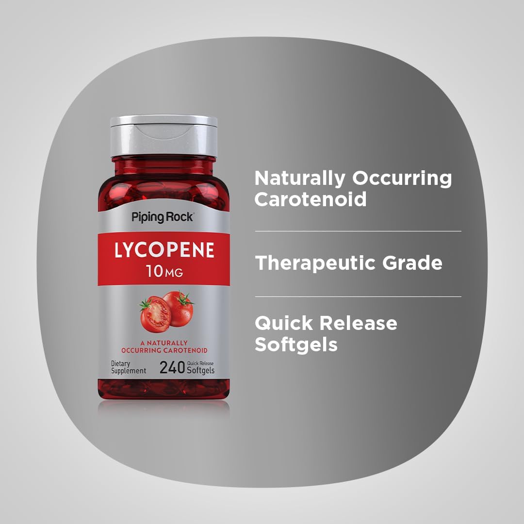 Lycopene 10mg Supplement | 240 Softgels | Non-GMO, Gluten Free | Piping Rock