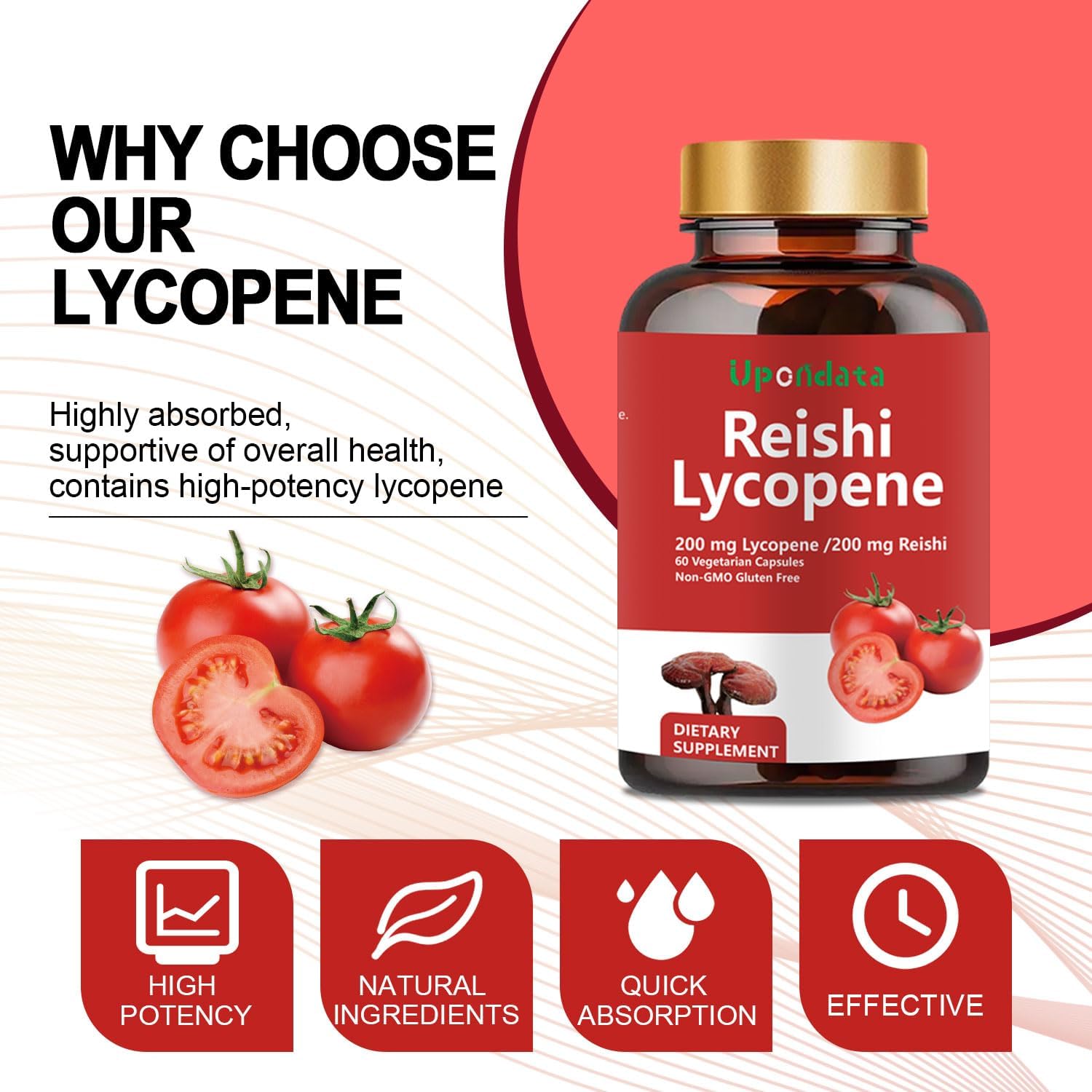 Lycopene and Reishi Mushroom Capsules for Prostate Health and Immune Support - 200mg Natural Lycopene with Organic Reishi Mushroom - Gluten-Free, Non-GMO - 60 Capsules