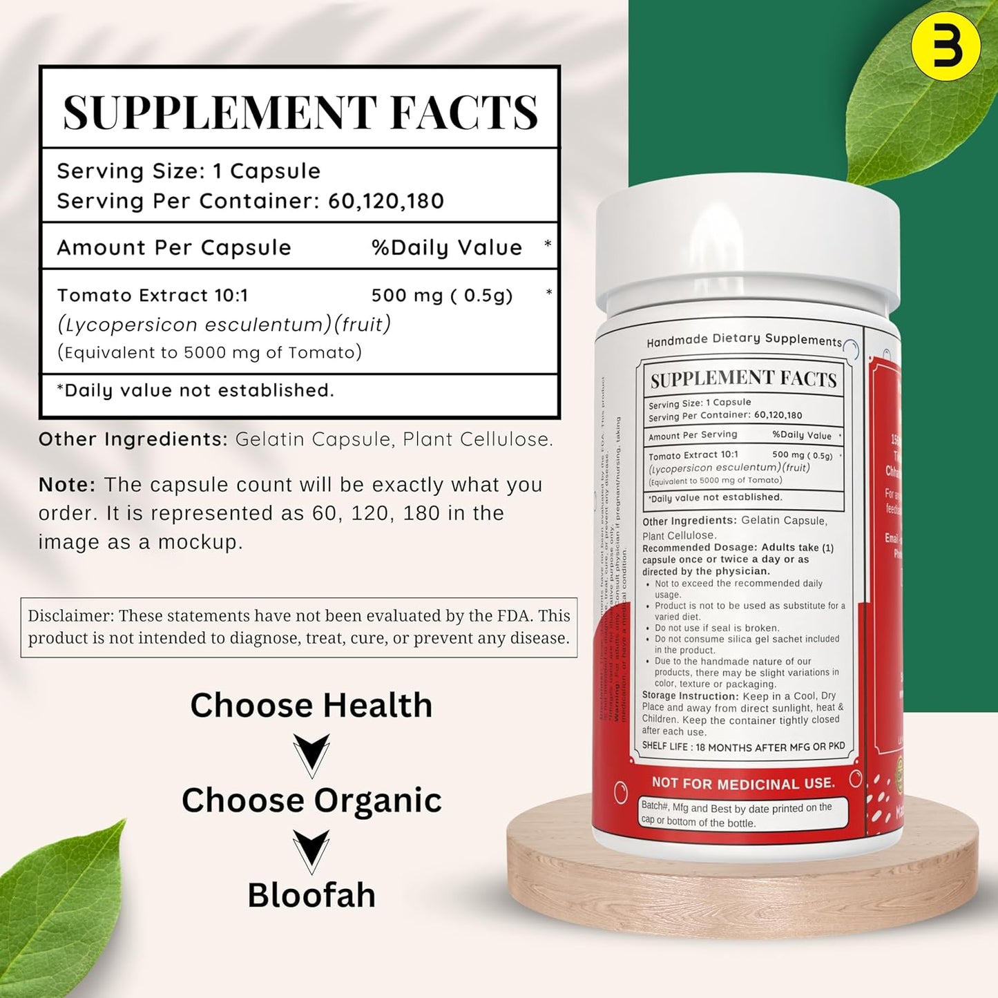 Lycopene-Rich Tomato Fruit Capsules 500mg | Concentrated Extract Powder | Non-GMO & Gluten Free | Carotenoid Supplement (60 Count)