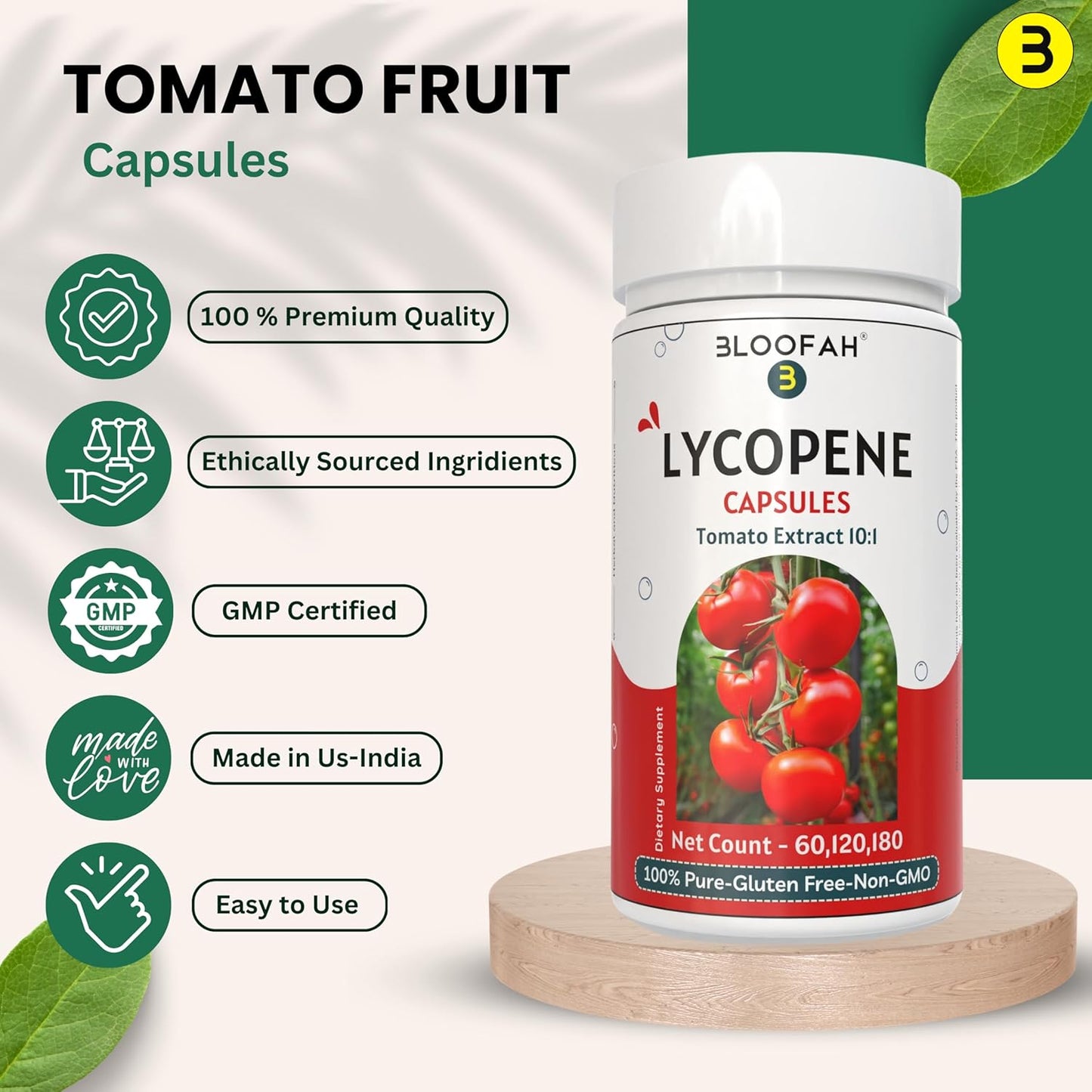 Lycopene-Rich Tomato Fruit Capsules 500mg | Concentrated Extract Powder | Non-GMO & Gluten Free | Carotenoid Supplement (60 Count)
