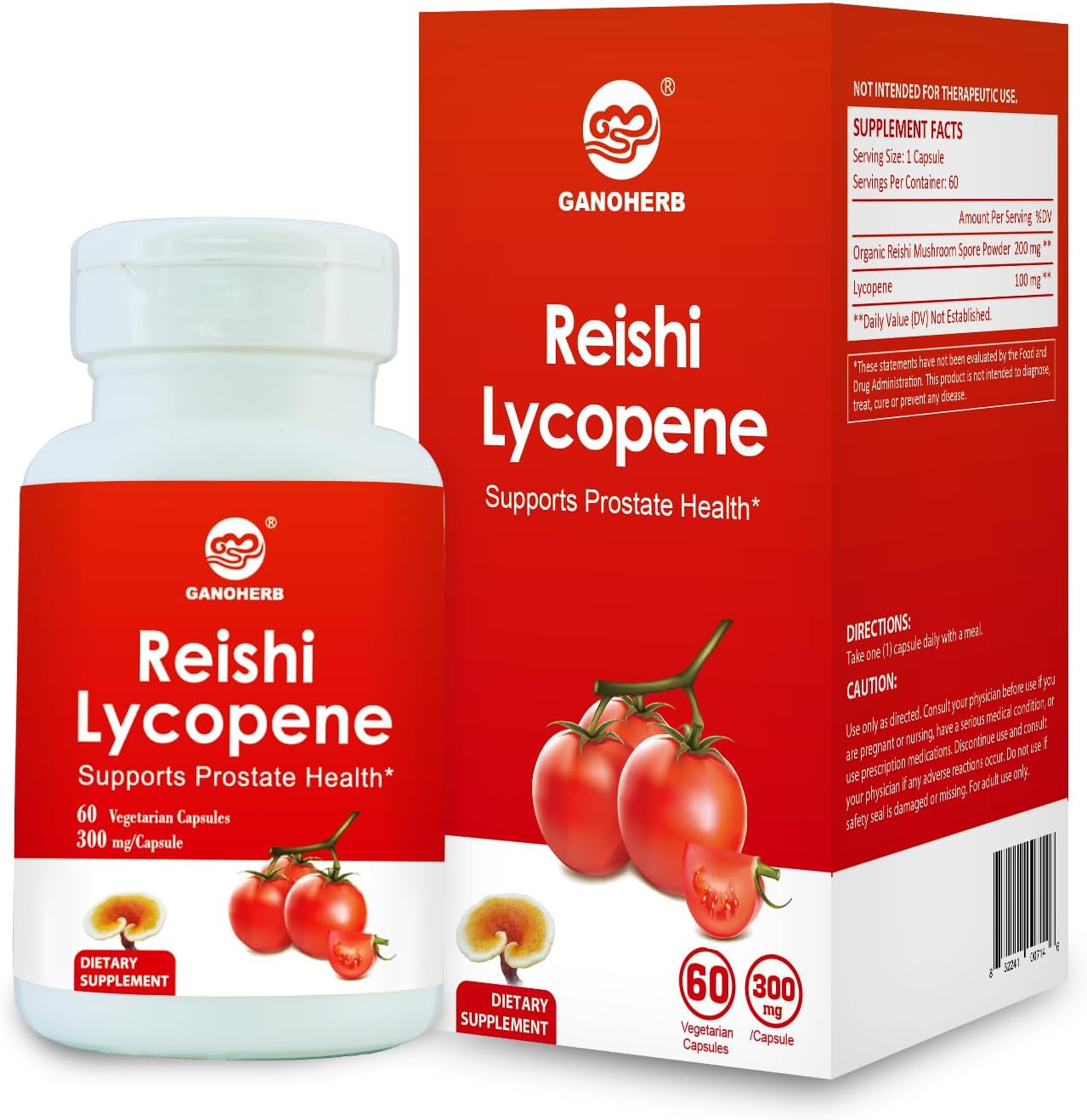 Lycopene Supplement with Reishi Mushroom Extract - 300mg, 60 Vegetarian Capsules, Gluten-Free & Non-GMO