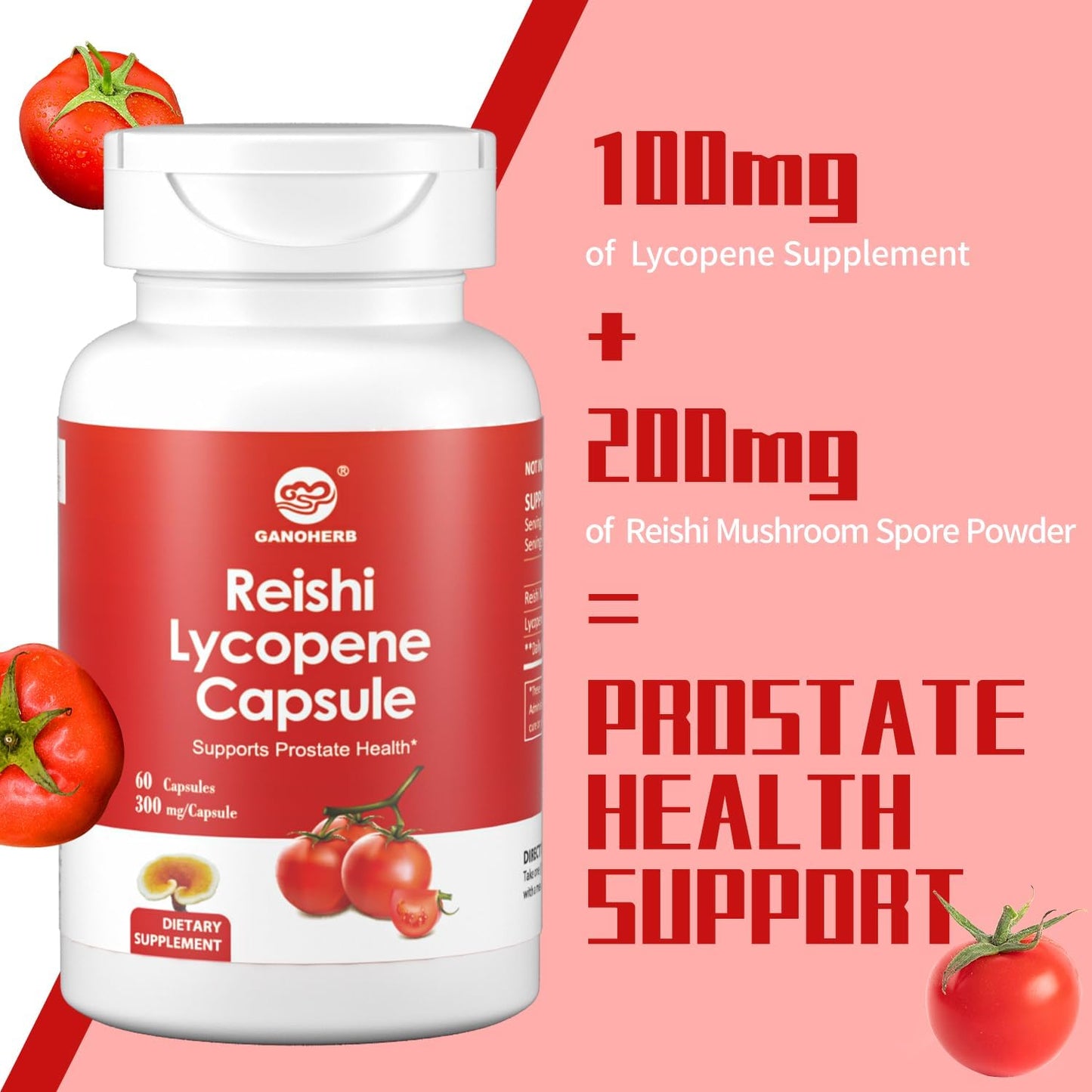 Lycopene Supplement with Reishi Mushroom Extract - 300mg, 60 Vegetarian Capsules, Gluten-Free & Non-GMO