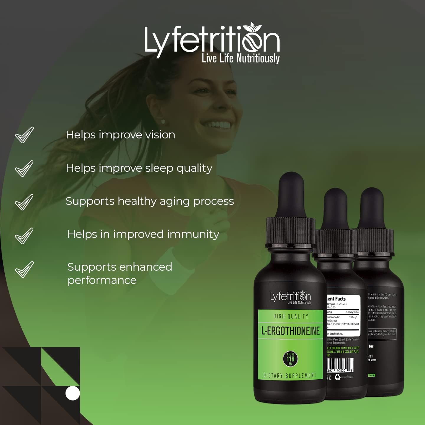 Lyfetrition L-Ergothioneine Liquid Supplement 540 mg - 4 Oz Bottle with 220 Servings - Made in USA - Quick Absorption - Potent Ingredients - Third-Party Tested - Non-GMO - GMP Certified - Cruelty-Free