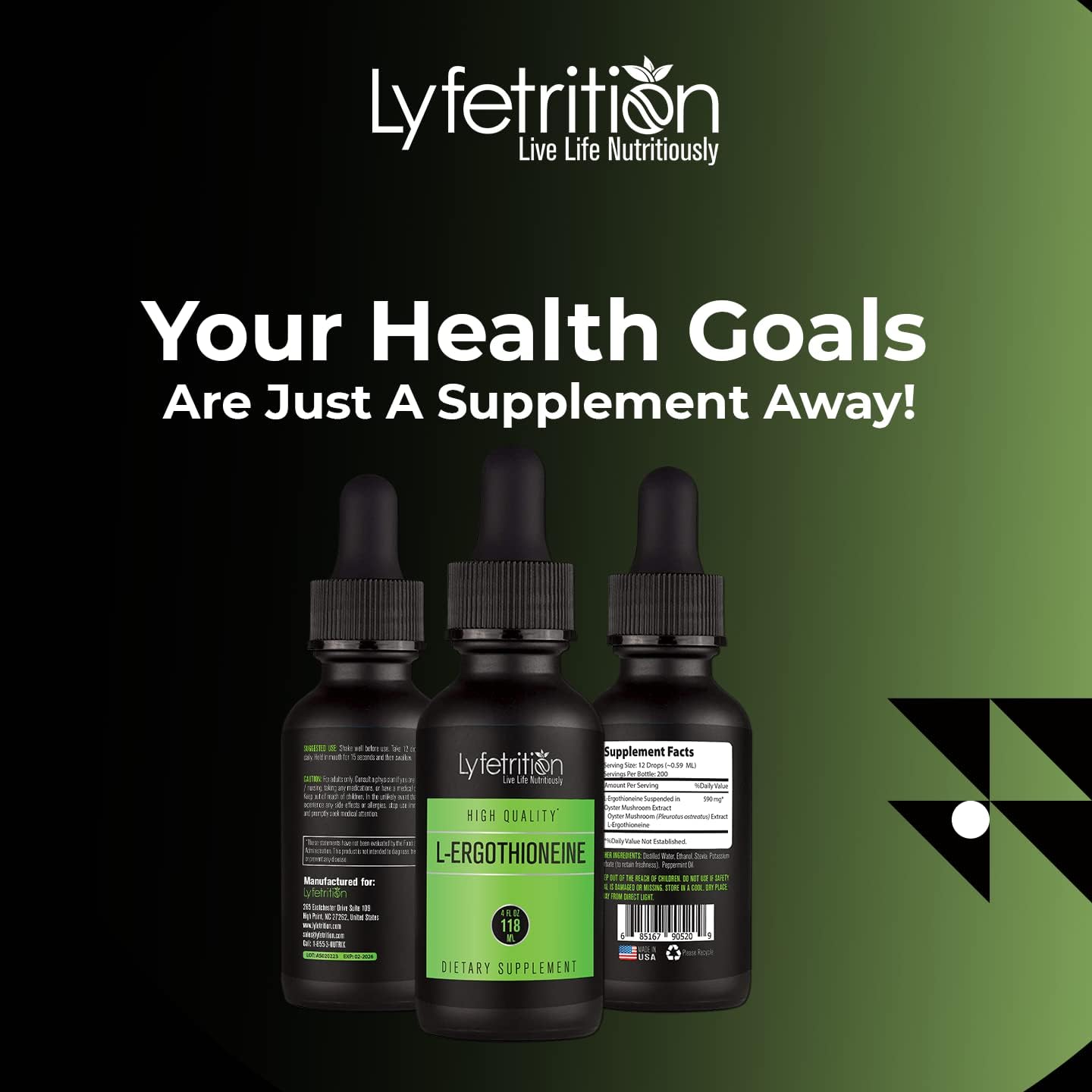 Lyfetrition L-Ergothioneine Liquid Supplement 540 mg - 4 Oz Bottle with 220 Servings - Made in USA - Quick Absorption - Potent Ingredients - Third-Party Tested - Non-GMO - GMP Certified - Cruelty-Free