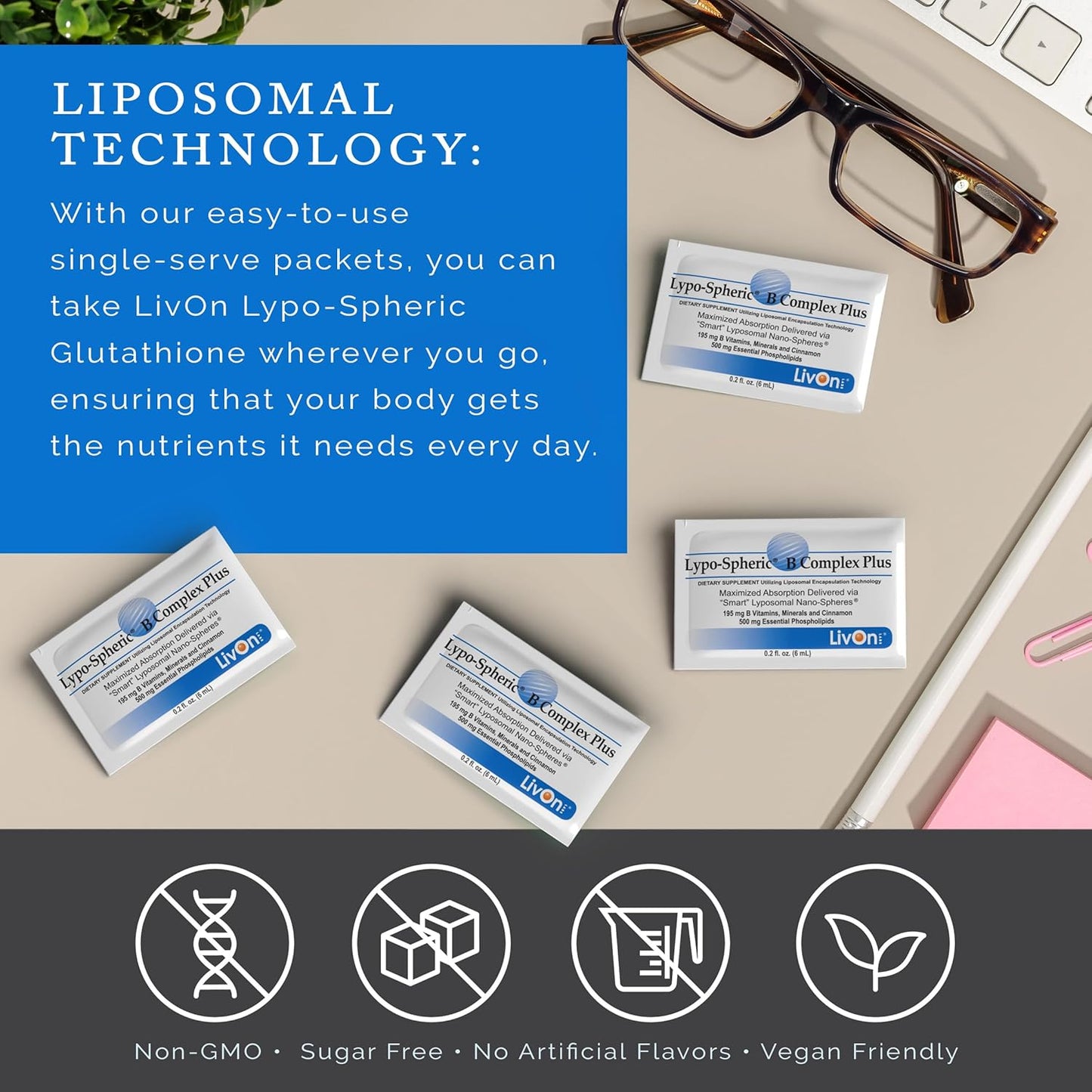 Lypo-Spheric B Complex Plus - 30 Packets with 195mg B Vitamins, Minerals, and Cinnamon - Liposome Encapsulated for Better Absorption - Non-GMO