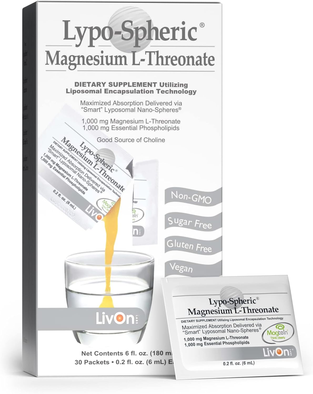 Lypo-Spheric Magnesium L-Threonate 30 Packets - 77mg Per Packet - Liposome Encapsulated for Maximum Absorption - Non-GMO - Professional Formula