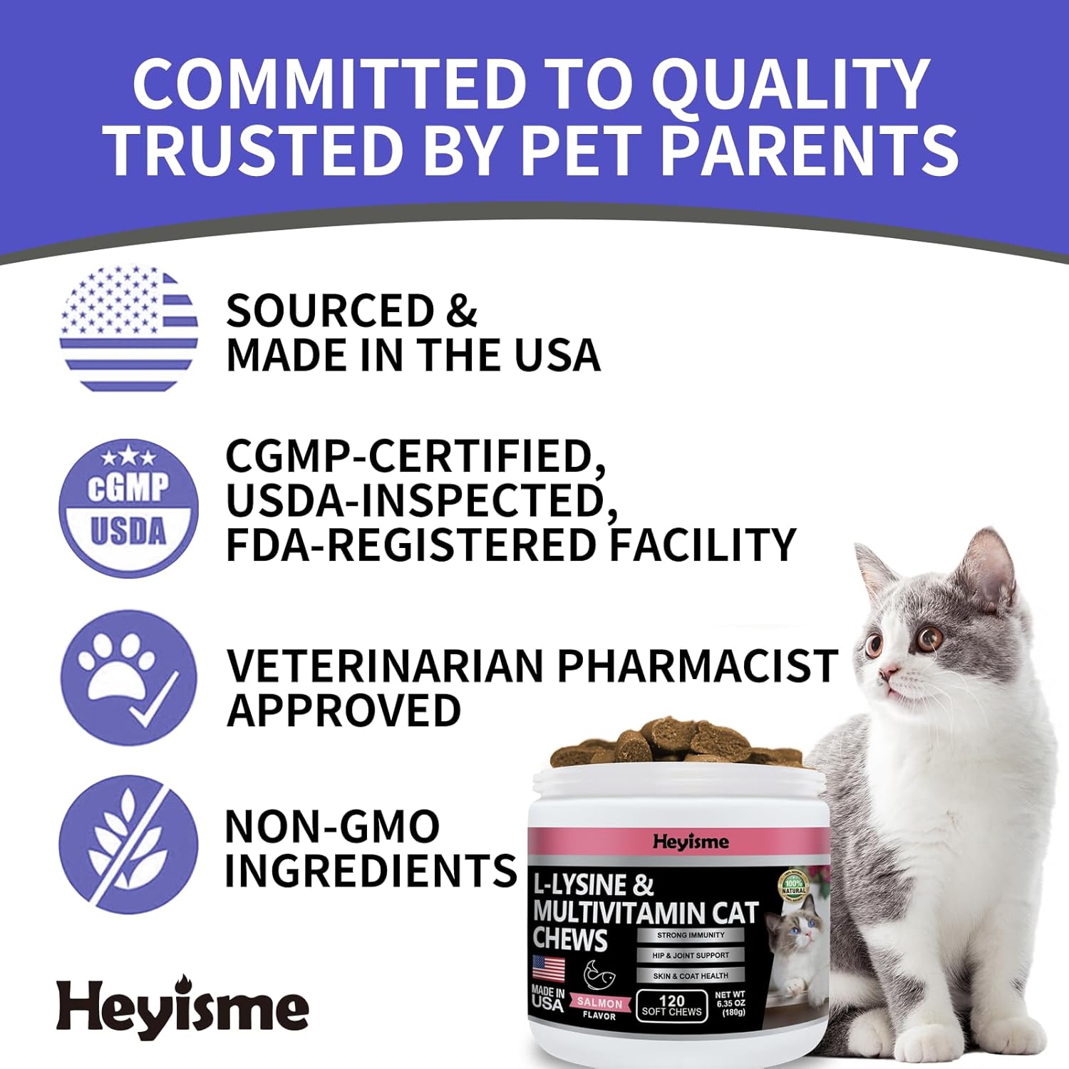 Lysine Cat Treats for Immune Support, Respiratory Health, and Eye Function - Salmon Flavored Lysine Supplement (120 Pills)