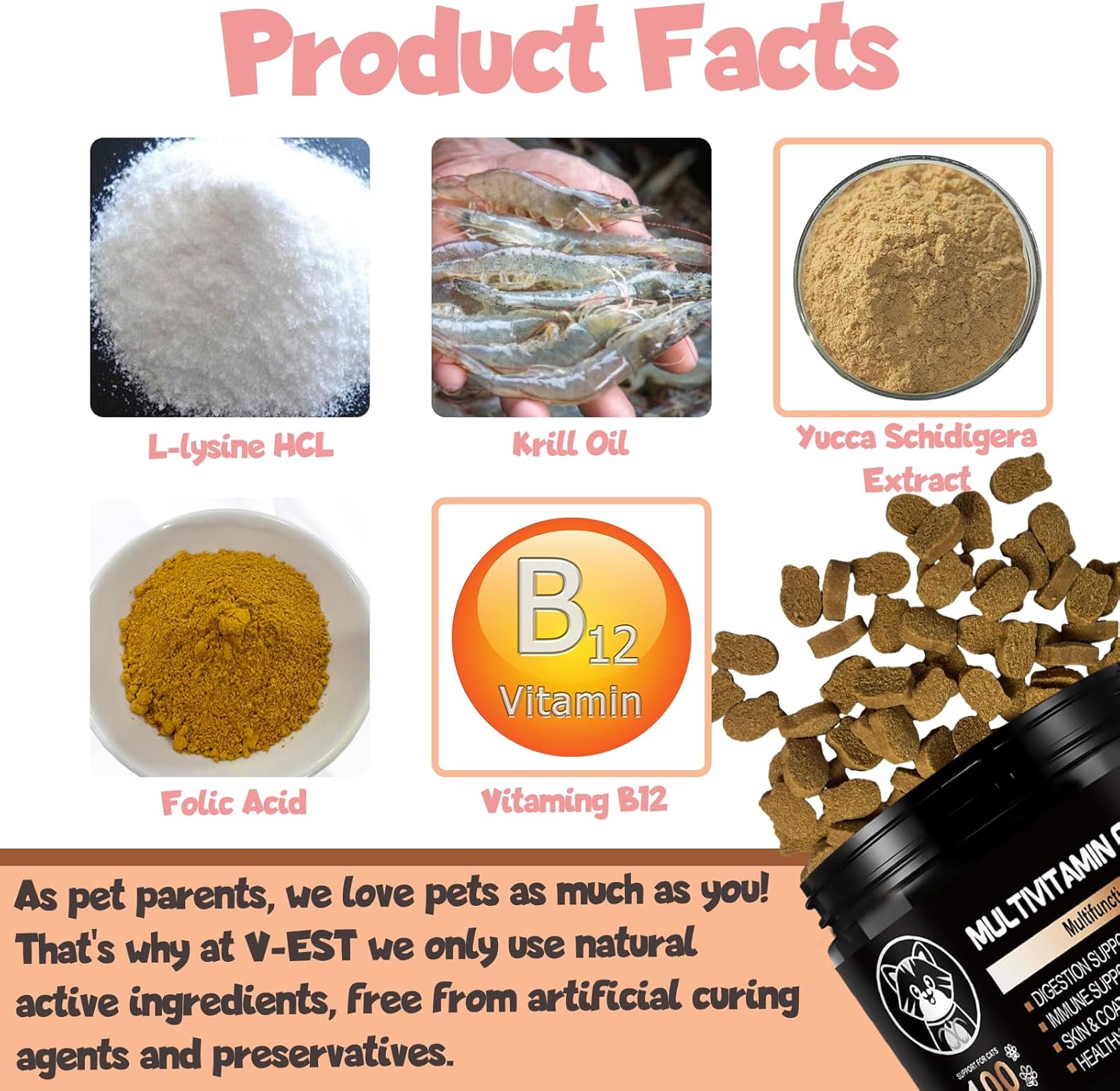 Lysine Cat Vitamin Supplement for Immune System, Joint & Skin Health - Indoor Cat Treat - Chewable Tablets - Cat Vitamins for Wellness