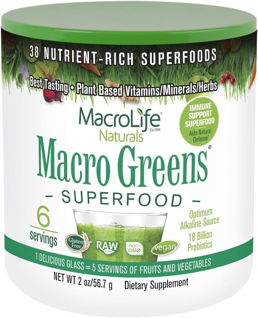 MacroLife Naturals Macro Greens Powder: Superfood Probiotic Antioxidant Enzyme & Herbal Supplement - Immunity Boost Energy Cleanse - Non-GMO Vegan Gluten-Free Dairy-Free - 2 oz (6 Servings)