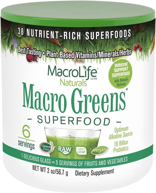 MacroLife Naturals Macro Greens Powder: Superfood Probiotic Antioxidant Enzyme & Herbal Supplement - Immunity Boost Energy Cleanse - Non-GMO Vegan Gluten-Free Dairy-Free - 2 oz (6 Servings)